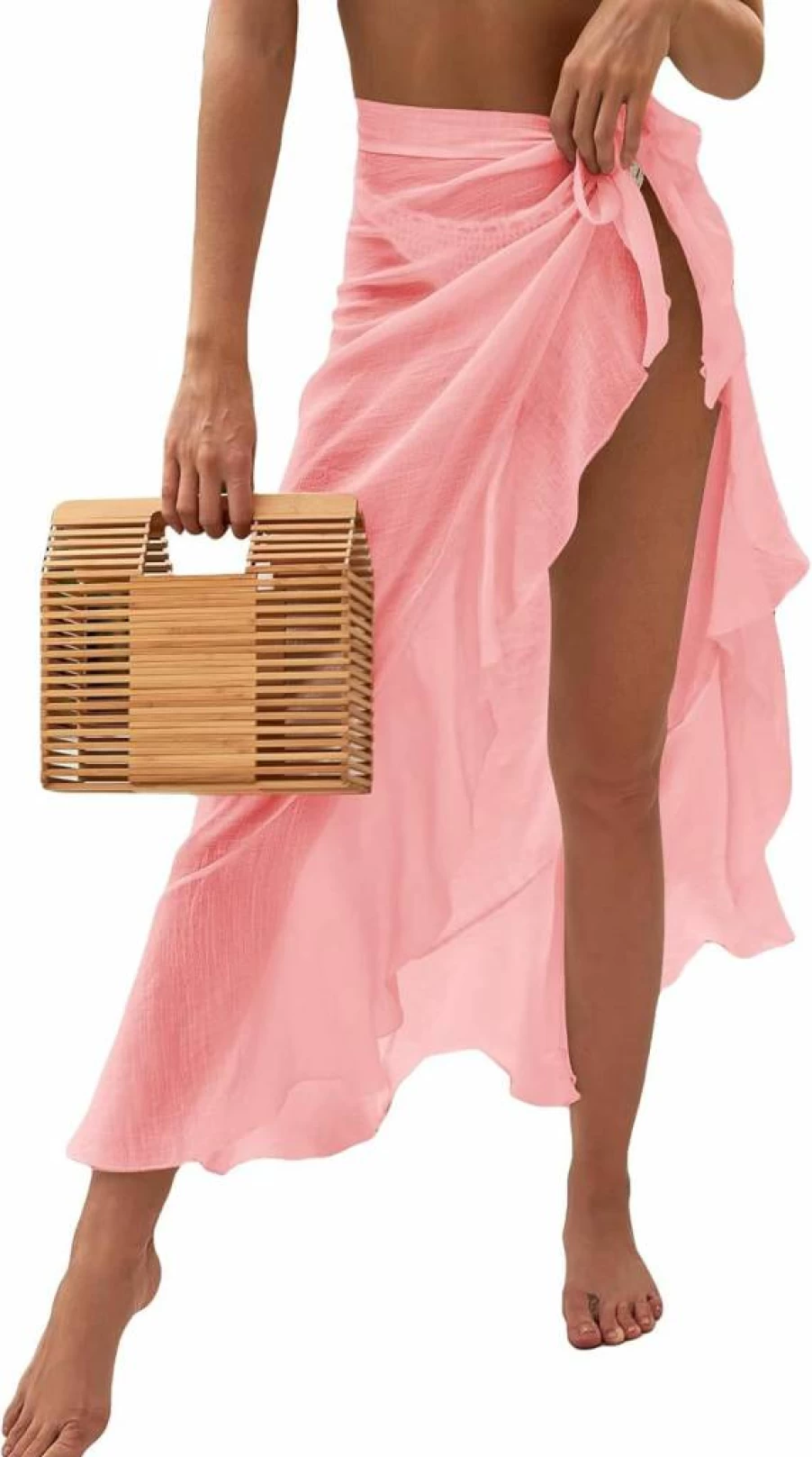 OYOANGLE Women's Sheer Mesh Beach Cover Up Sarong with Ruffle Trim and Tie Side - Long Swim Wrap Skirt for Pool Party