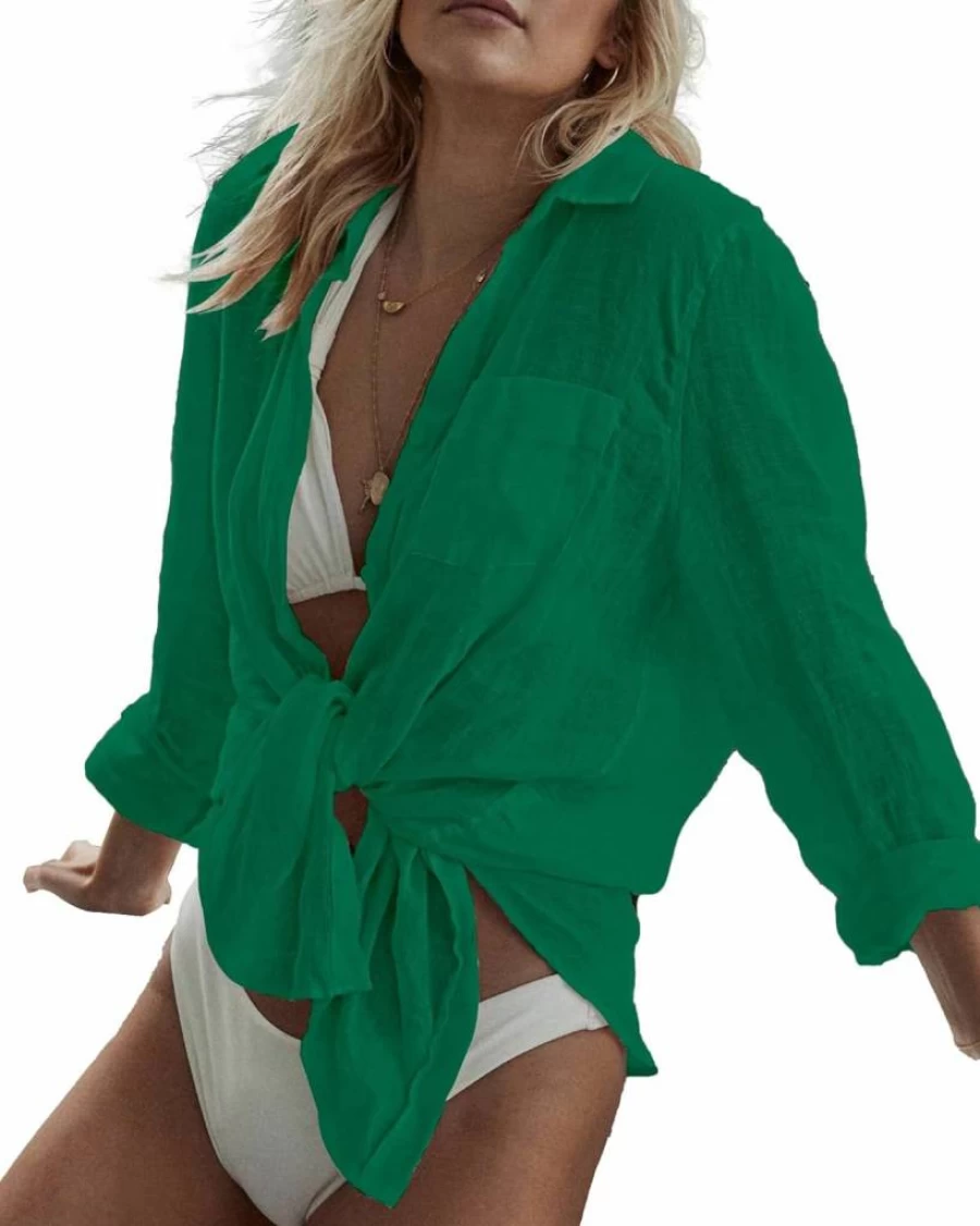 Bsubseach Women's Long Sleeve Beach Cover Up Blouse - Button Down Collar Bathing Suit Shirt