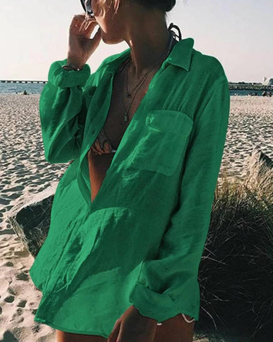 Bsubseach Women's Long Sleeve Beach Cover Up Blouse - Button Down Collar Bathing Suit Shirt