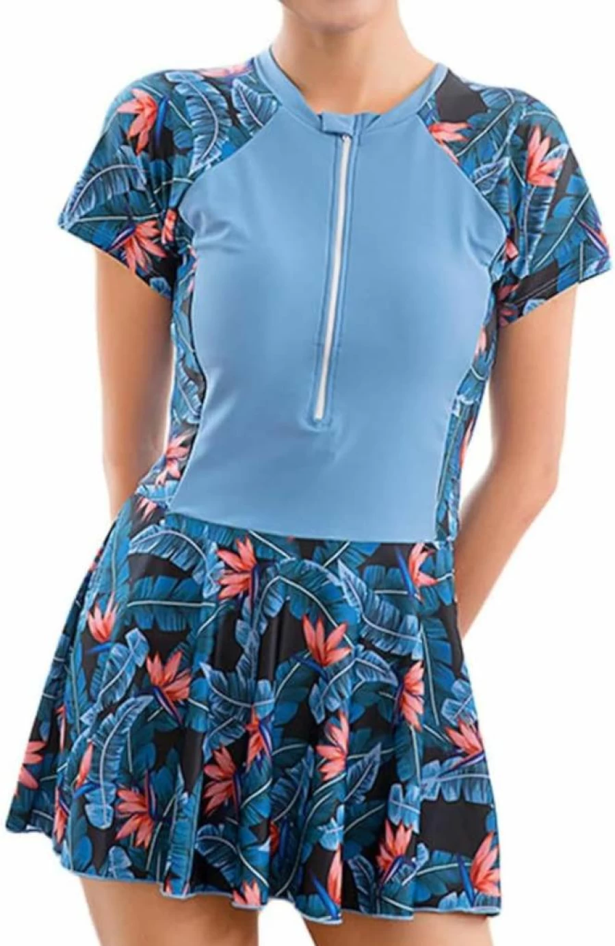 JadeRich Girls' Zip-Front Swim Dress with Rash Guard and Skirt - Short Sleeve One-Piece Bathing Suit for Teens