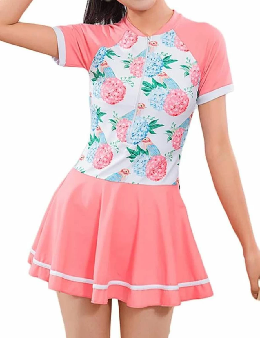 JadeRich Girls' Zip-Front Swim Dress with Rash Guard and Skirt - Short Sleeve One-Piece Bathing Suit for Teens