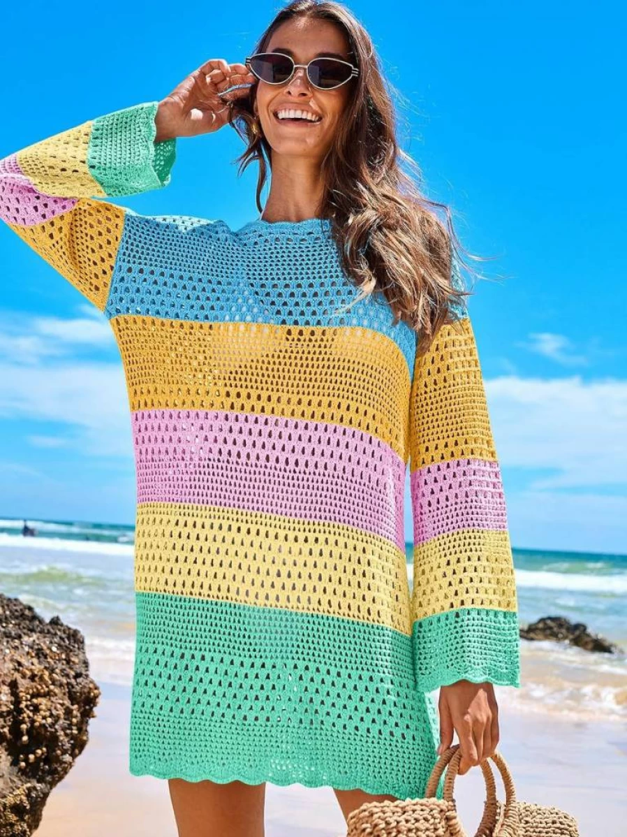 ANRABESS Women's Crochet Swim Cover Up Dress - Mesh Knit Beach Bathing Suit Cover - Summer Vacation Swimwear 2025