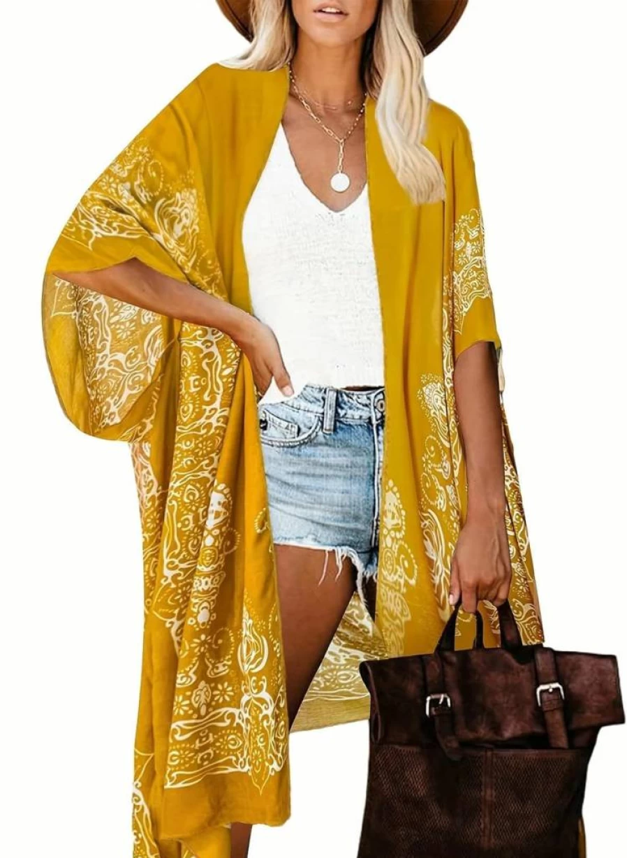 Bestshe Women's Floral Kimono Cardigan - Bohemian Beach Cover Up, Casual Loose Swimsuit Wrap, Summer Fashion Outerwear