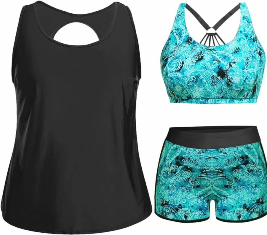 Holipick Plus Size Tummy Control 3-Piece Tankini Swimsuits for Women - High Waist Boy Shorts & Supportive Sports Bra Top