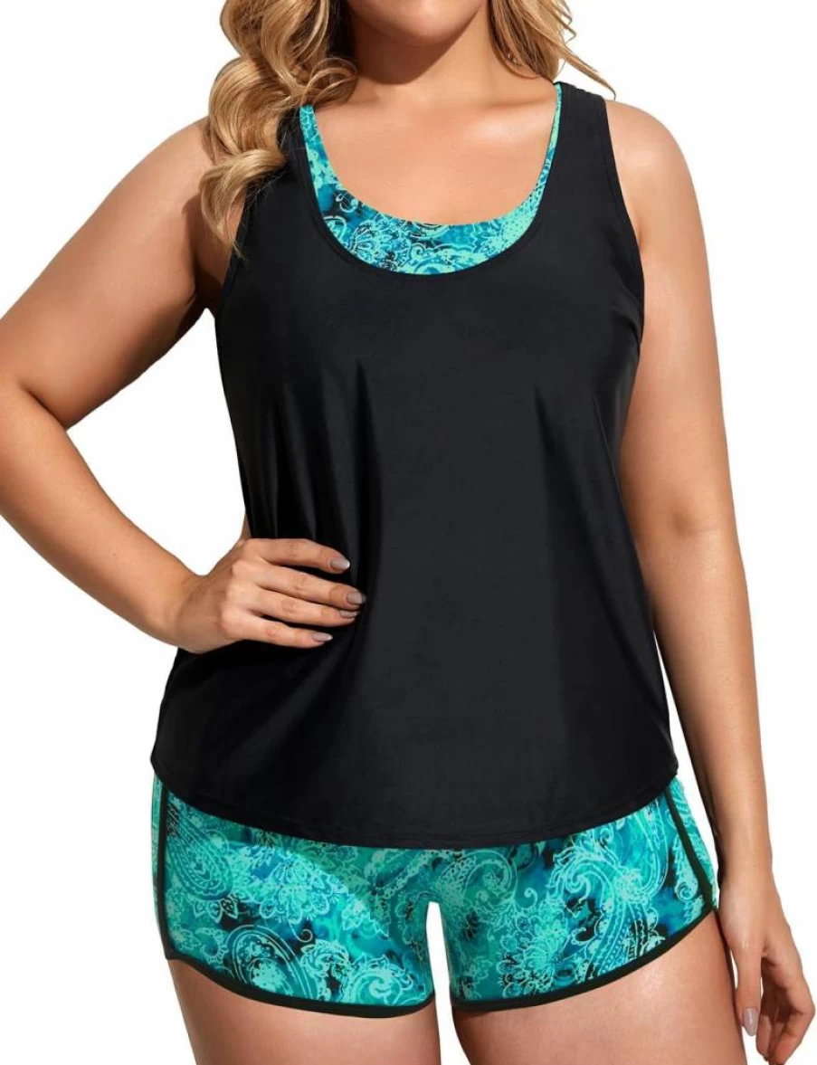 Holipick Plus Size Tummy Control 3-Piece Tankini Swimsuits for Women - High Waist Boy Shorts & Supportive Sports Bra Top