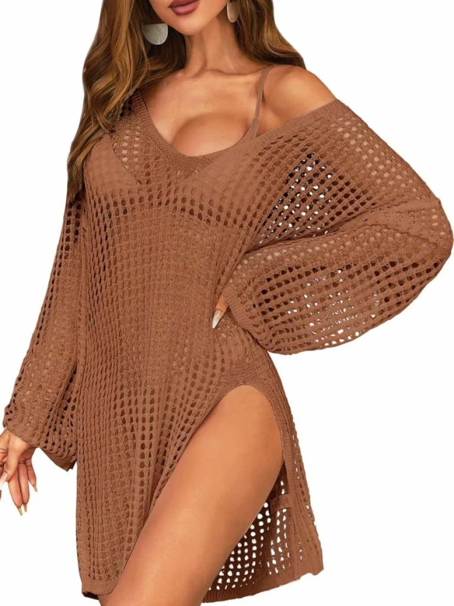 SOCIALA Women's Crochet Swim Cover Up - Loose Fit Beach Dress with Side Split, Bikini Bathing Suit Coverup