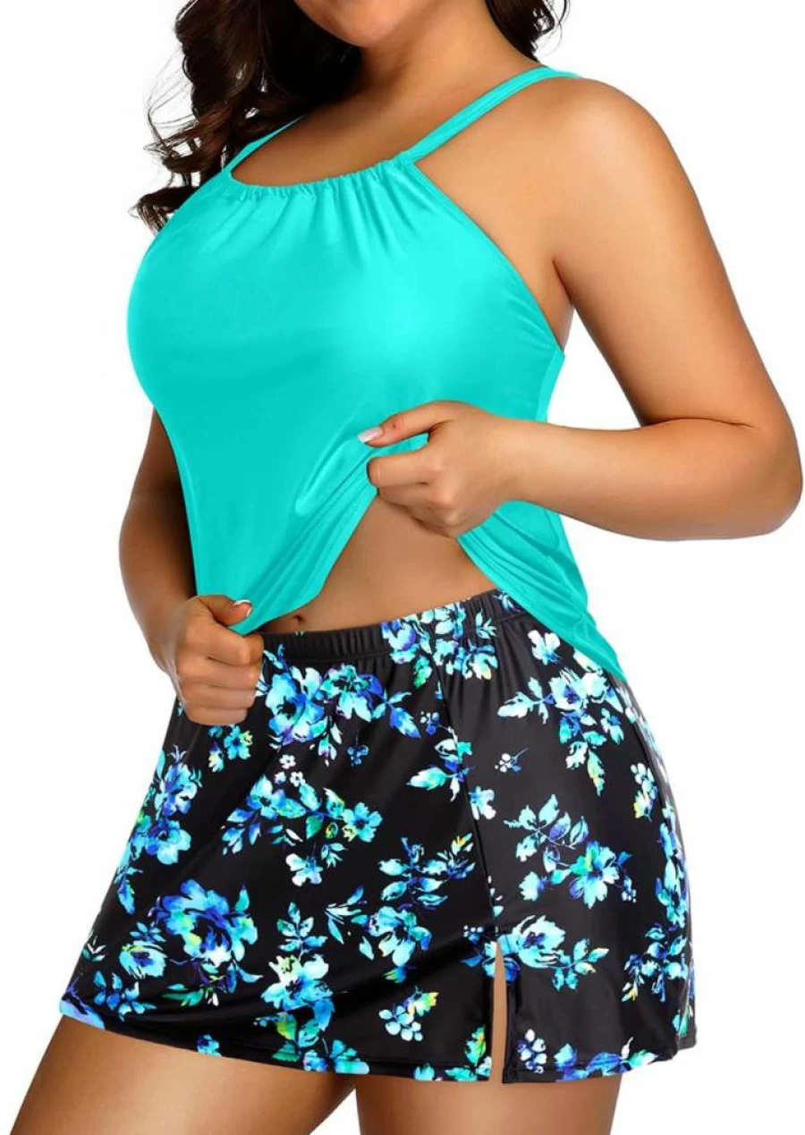 Yonique Plus Size High Neck Tankini Swimsuit with Skirt - Tummy Control Two-Piece Bathing Suit for Women
