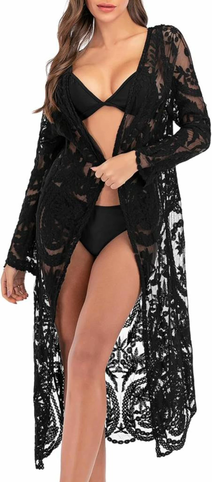 Ki Women's Floral Lace Crochet Kimono Cardigan - Sheer Beach Cover Up Long Open Front Lightweight Summer Wrap