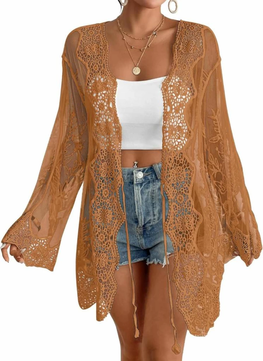 Bsubseach Women's Floral Lace Kimono Cardigan Beach Cover Up Boho Summer Swimsuit Wrap Lightweight Mesh Cutout Back