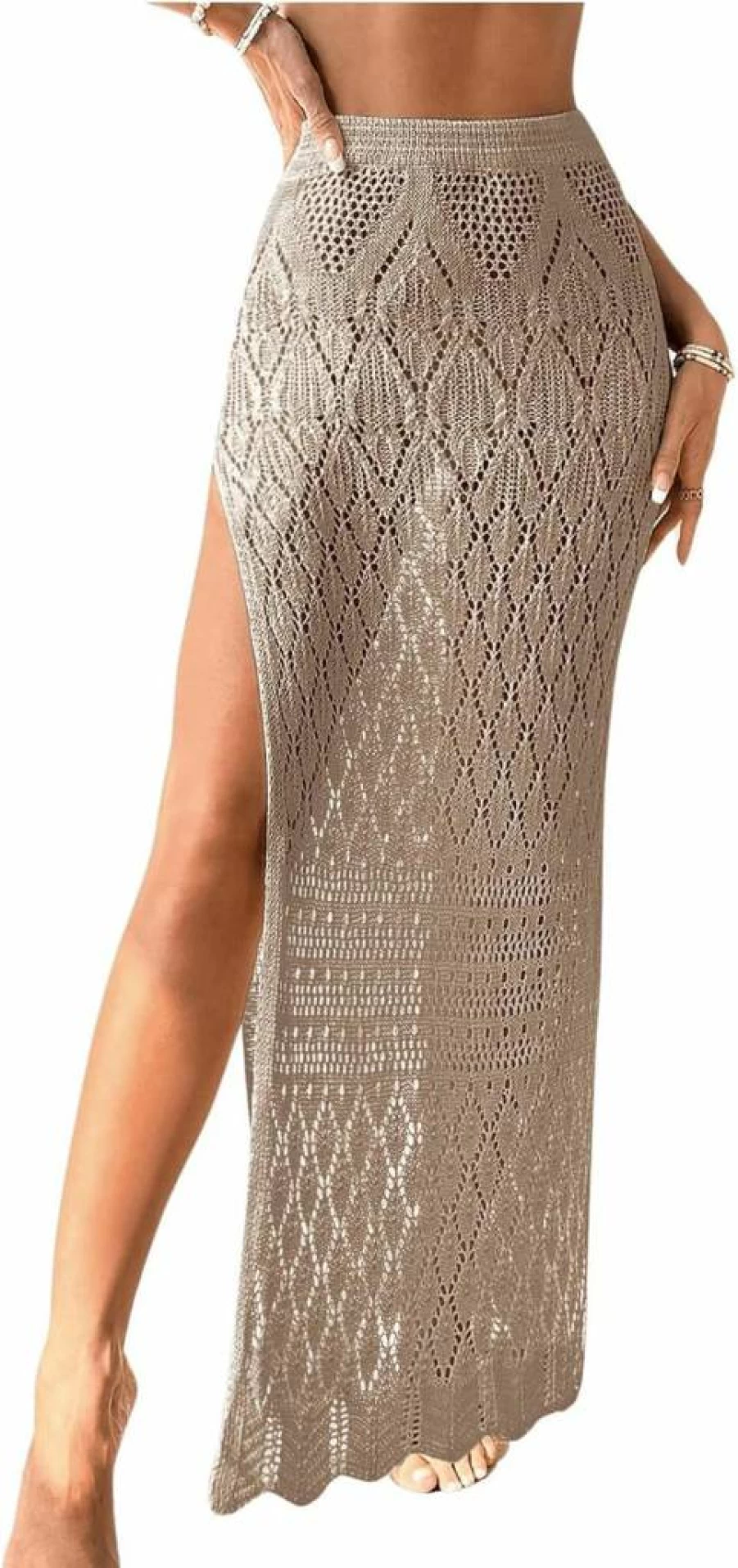 SHENHE Women's Sheer Crochet Beach Cover Up Skirt with High Slit - Long Lightweight Swimwear Wrap for Summer
