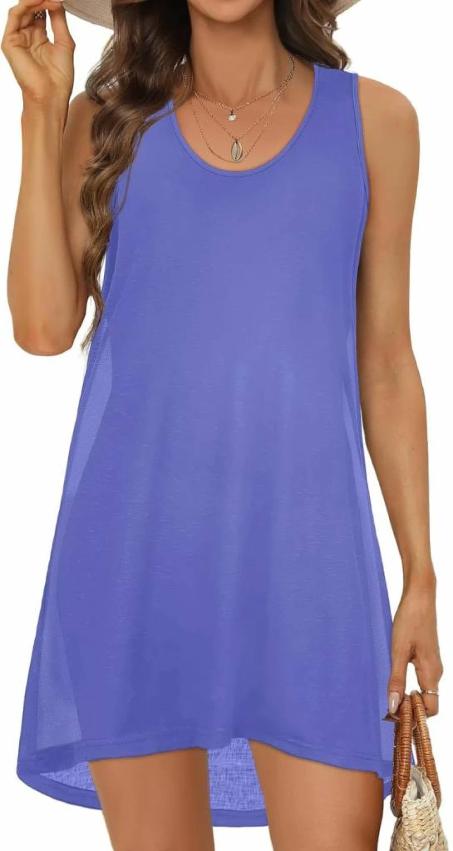 Elescat Women's Summer Beach Cover Up - Sleeveless T-Shirt Dress Bikini Swimsuit Coverup
