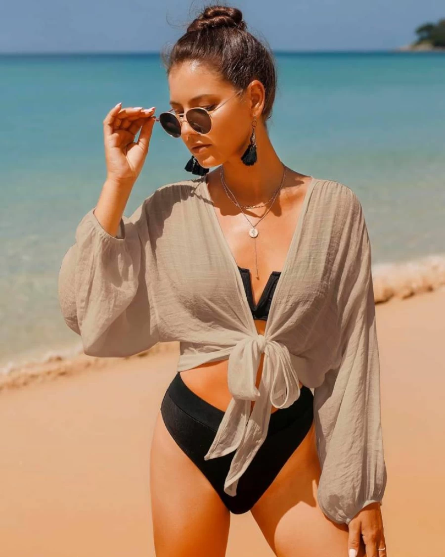 Eicolorte Women's Long Sleeve Swim Cover Up Tunic - Lightweight Beach Shirt for Bikini & Swimsuit