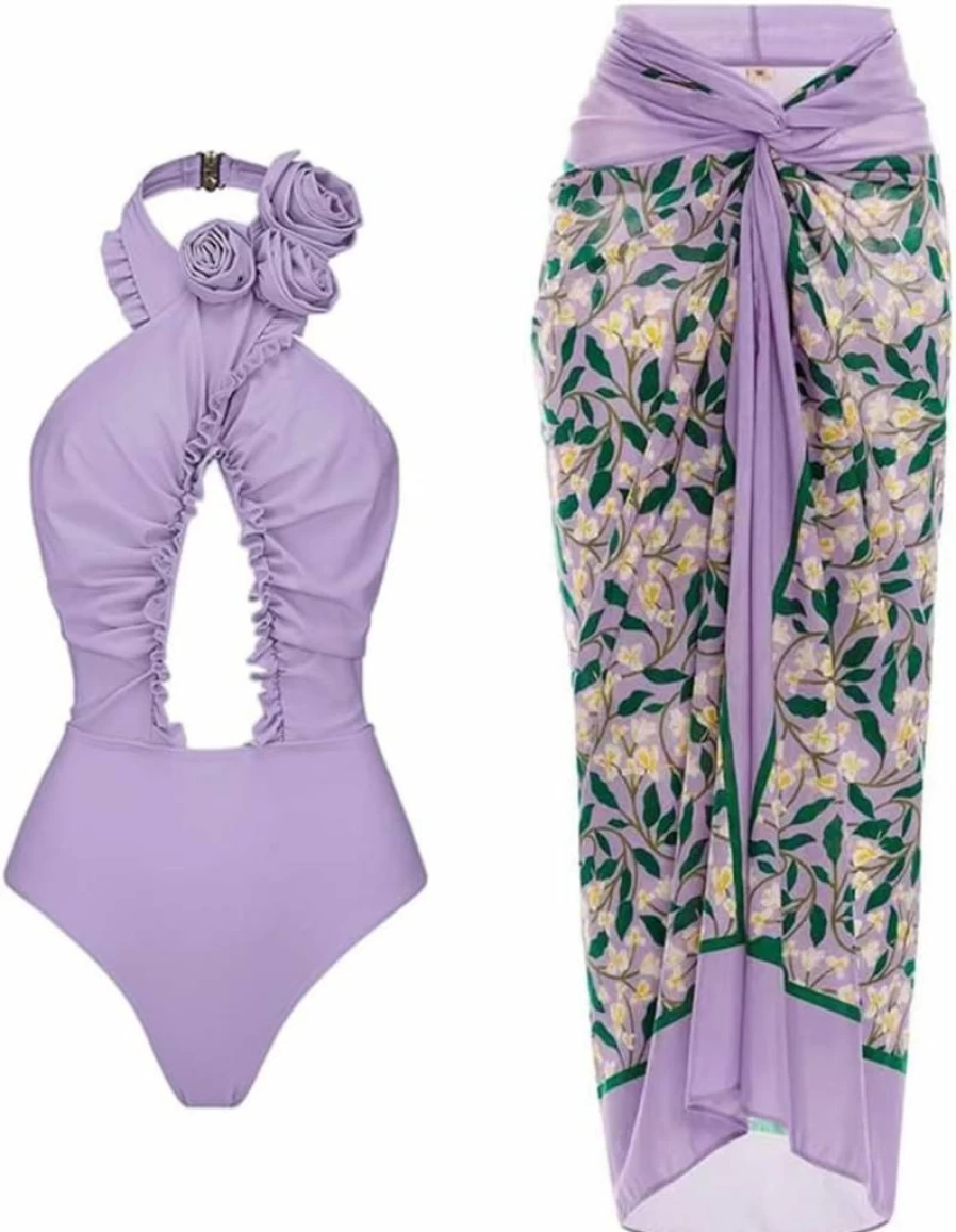 IDOPIP Women's Floral Print Halter Bikini Set with Cover Up Skirt - Two Piece Beach Swimsuit Sarong Outfit