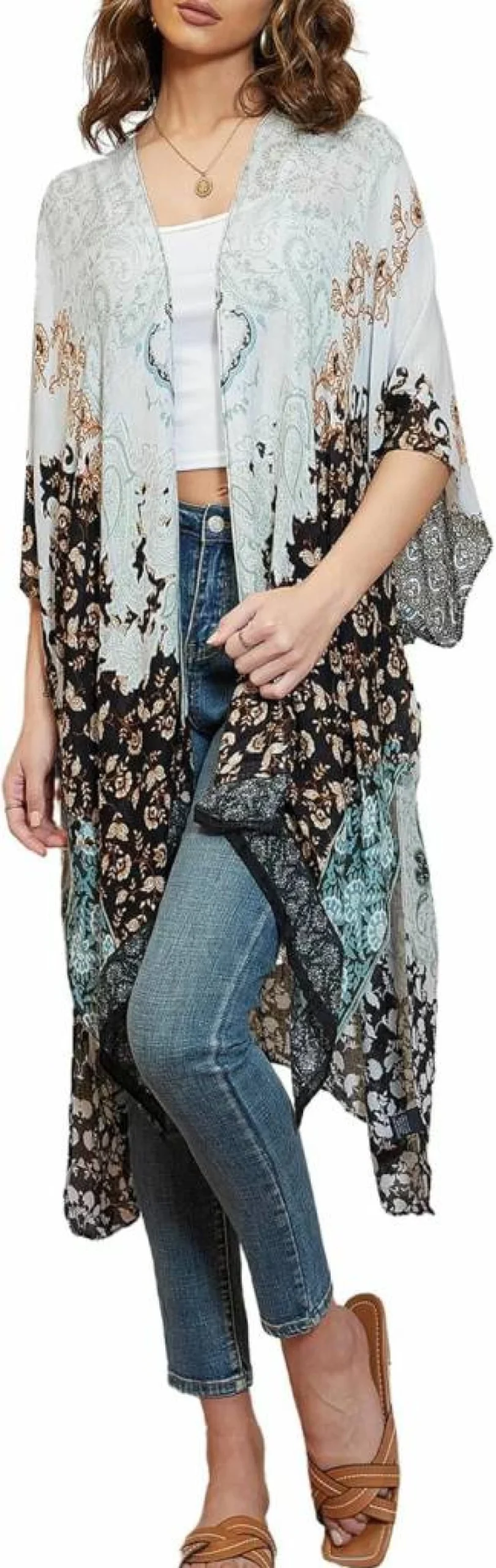 Breezy Lane Women's Floral Print Kimono Cardigan - Lightweight Summer Beach Cover Up Swimsuit Wrap for Vacation