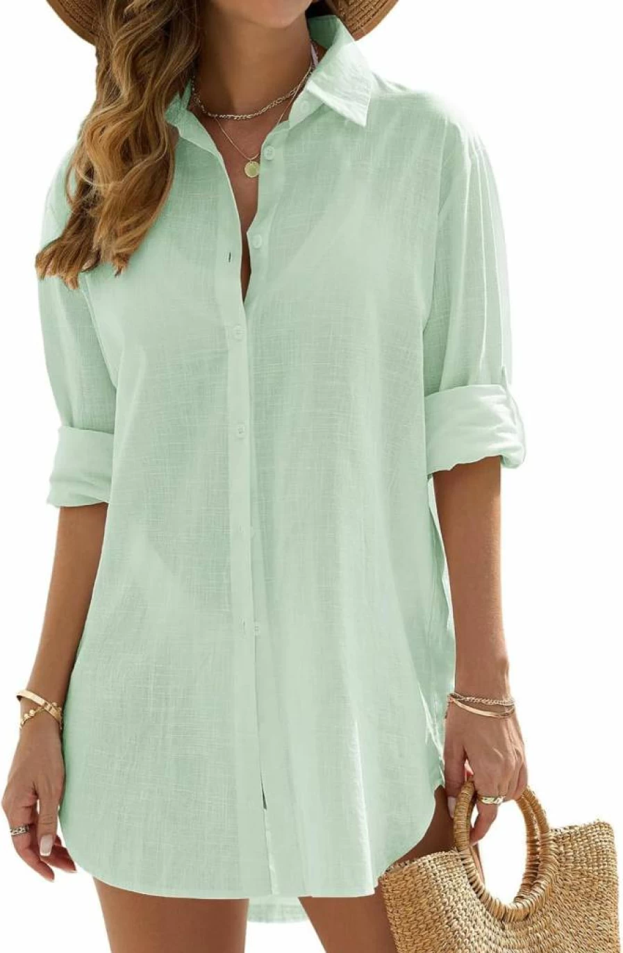 UMIPUBO Women's V-Neck Button Down Beach Cover Up Dress - Lightweight Swimsuit Coverup for Swimwear & Bikini