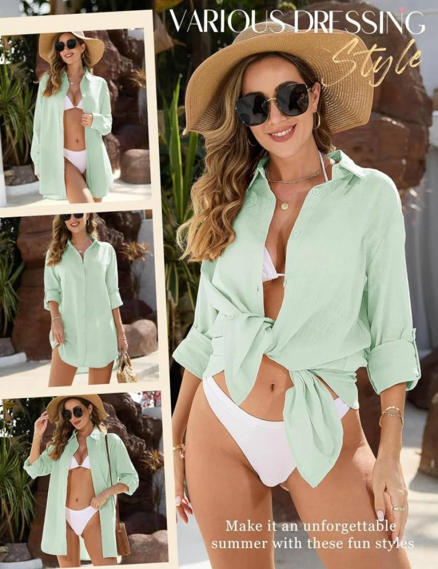 UMIPUBO Women's V-Neck Button Down Beach Cover Up Dress - Lightweight Swimsuit Coverup for Swimwear & Bikini