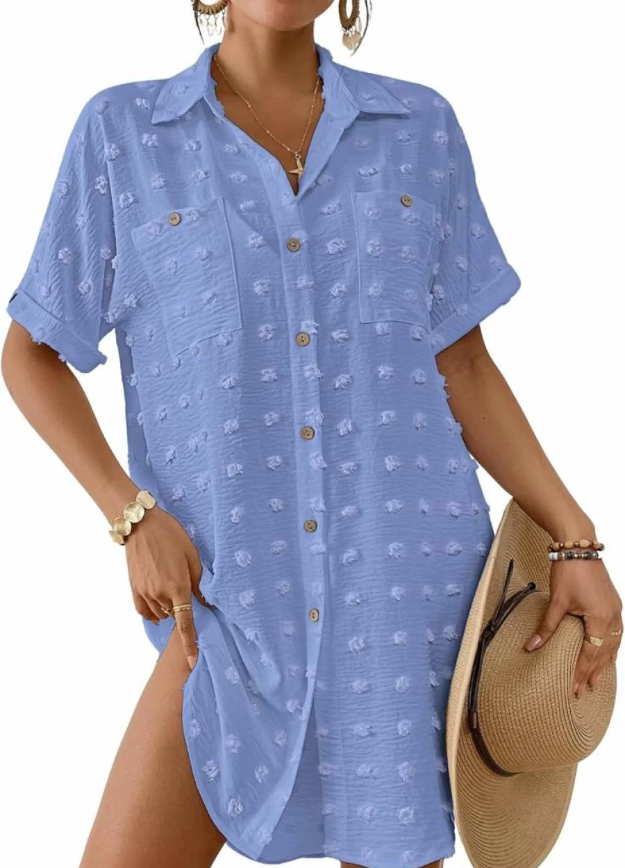 Bsubseach Women's Swiss Dot Beach Cover Up - Button Down Swimwear Shirt for Resort & Poolside Wear