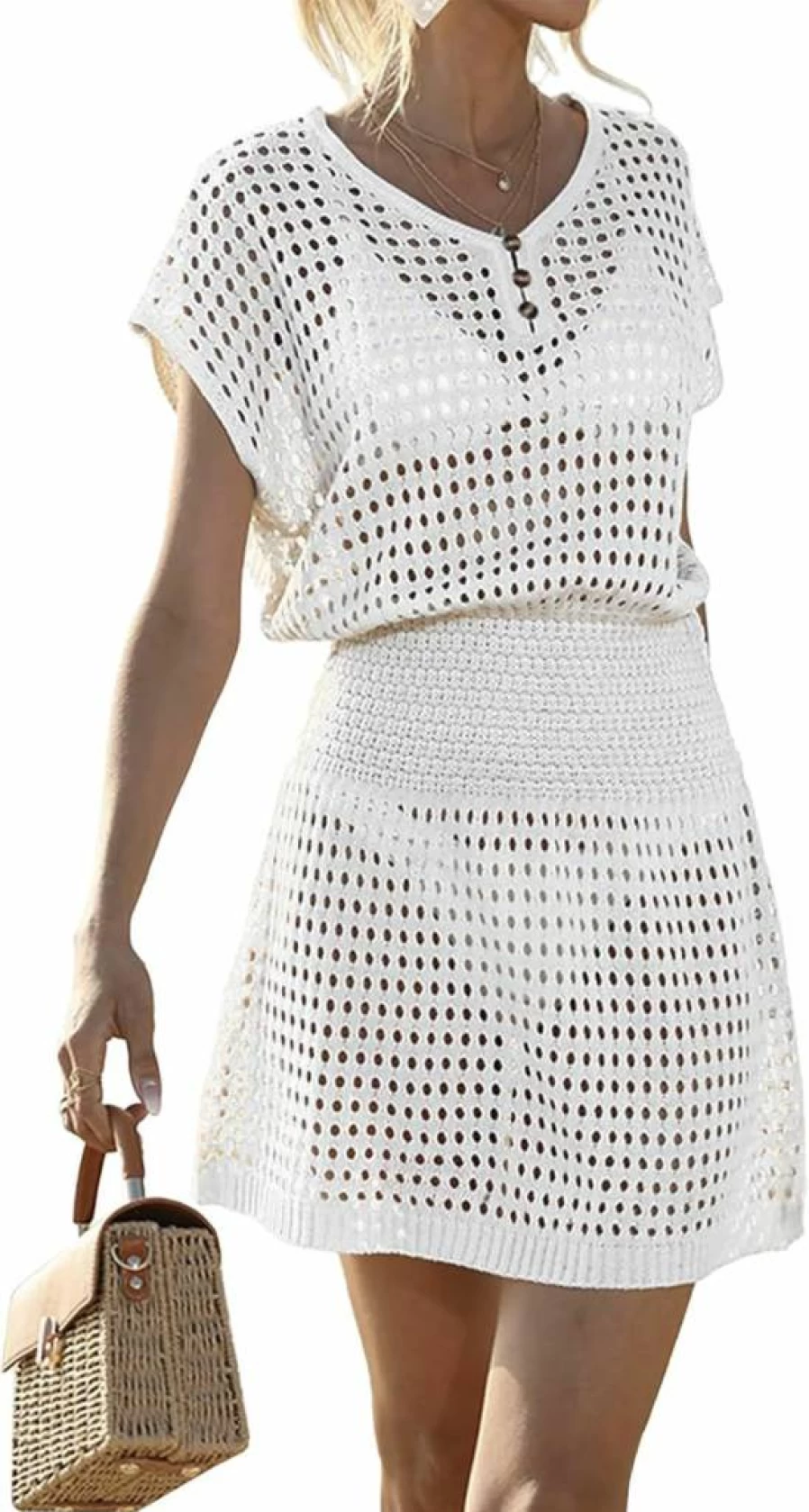 Hilor Women's Crochet Beach Cover Up Dress V Neck Bikini Swimwear Summer Bathing Suit