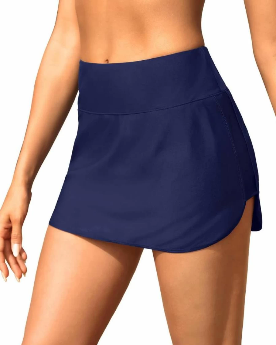 Tempt Me Women's High Waisted Swim Skirt with Zipper Pockets - Athletic Bikini Bottom Skirt - Black - Medium