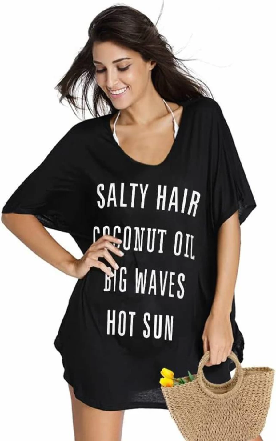 Oryer Women's V-Neck Cotton Swim Cover Up T-Shirt Dress - Lightweight Bikini Beachwear for Summer