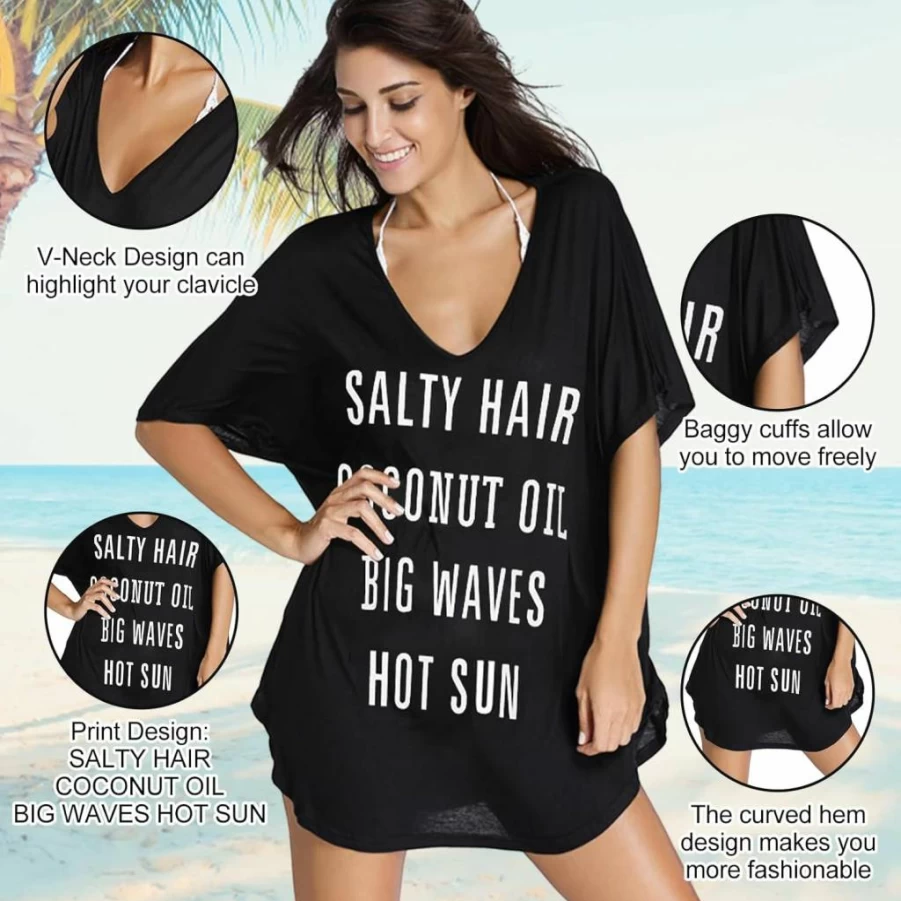 Oryer Women's V-Neck Cotton Swim Cover Up T-Shirt Dress - Lightweight Bikini Beachwear for Summer