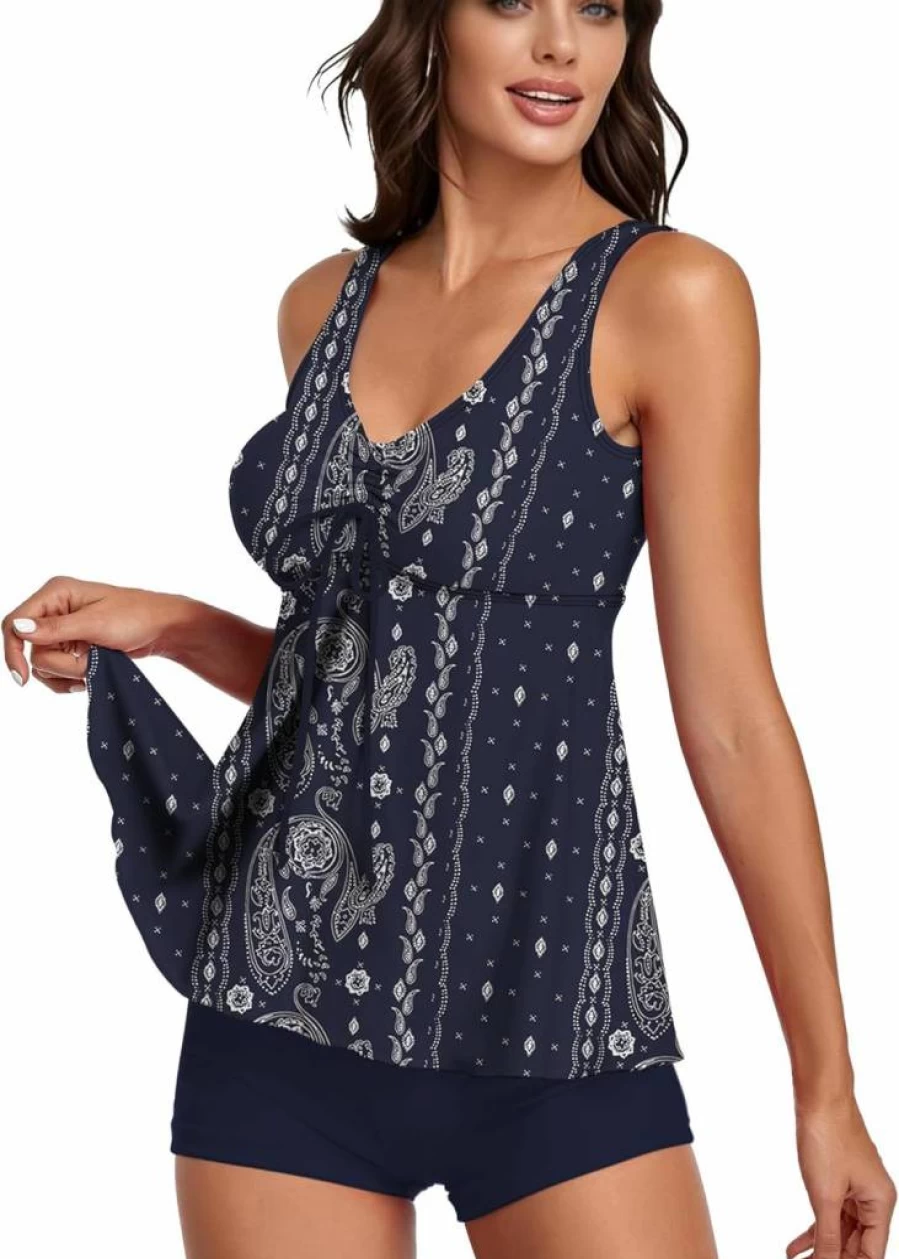 Omichic Women's Floral Print Modest Tankini Two-Piece Swimsuits - Tank Top with Boyshorts Bathing Suits
