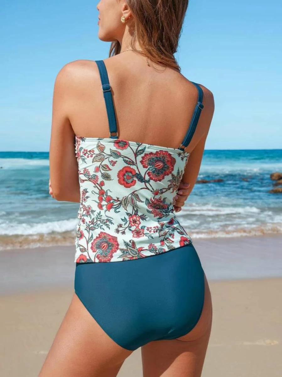 CUPSHE Women's Two-Piece Tankini Swimsuits - Square Neck Adjustable Straps Ruched Swimwear for Women