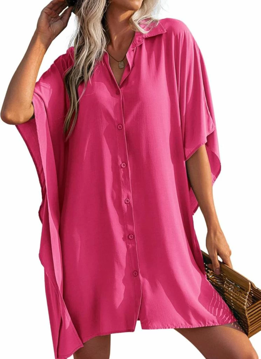 Ekouaer Women's Oversized 3/4 Sleeve Beach Cover Up Shirt - Button Down Bikini Swimsuit Cover-Up for Women S-3XL