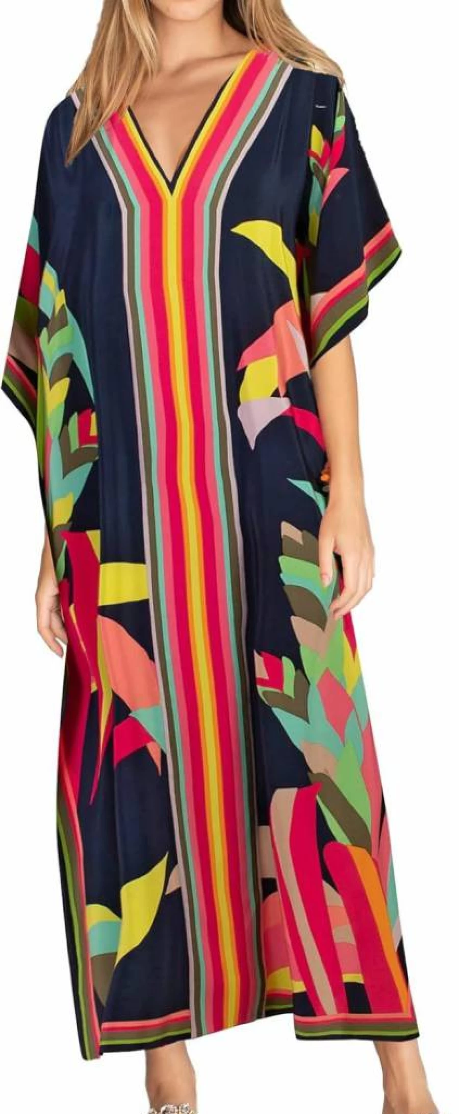 Eddoyee Women's Sexy V-Neck Beach Cover Up Dress Long Sleeve Side Split Summer Caftan Swimwear Wrap