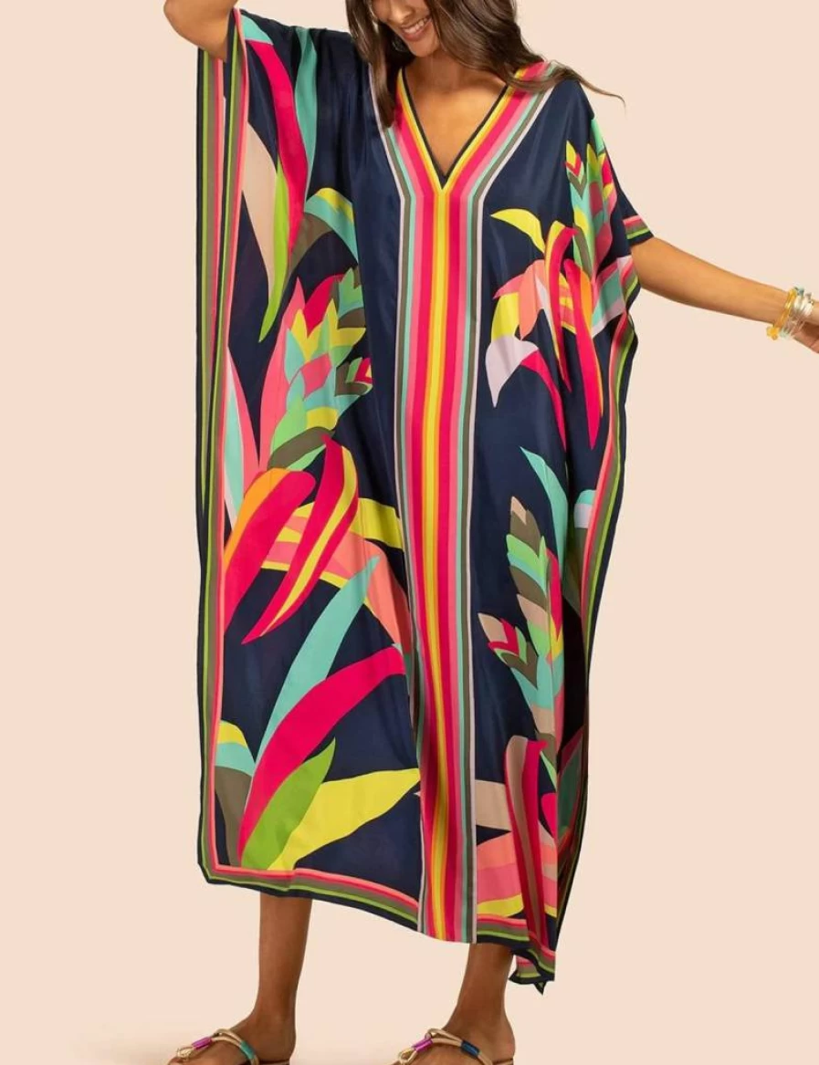 Eddoyee Women's Sexy V-Neck Beach Cover Up Dress Long Sleeve Side Split Summer Caftan Swimwear Wrap