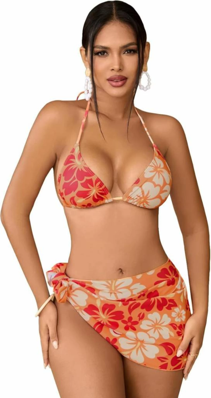 MakeMeChic Women's Leopard Print Halter Triangle Bikini Set with Cover Up Skirt 3-Piece Swimsuit