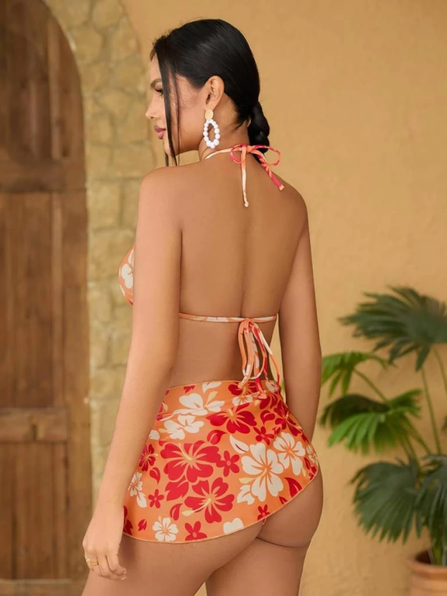 MakeMeChic Women's Leopard Print Halter Triangle Bikini Set with Cover Up Skirt 3-Piece Swimsuit
