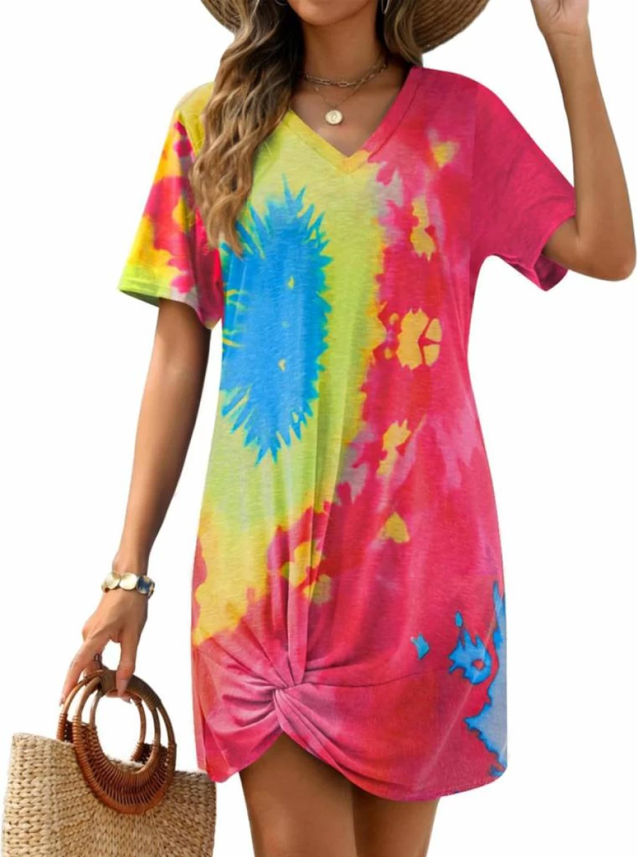 AI'MAGE Women's Short Sleeve Swim Cover Up Dress - Casual Beach Bikini Coverup Tunic S-XXL