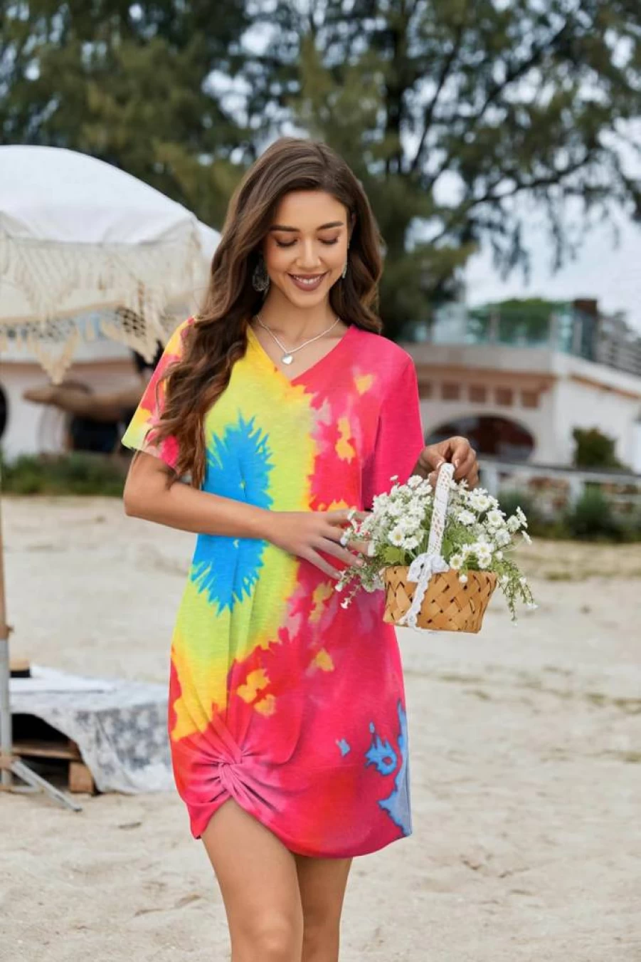 AI'MAGE Women's Short Sleeve Swim Cover Up Dress - Casual Beach Bikini Coverup Tunic S-XXL