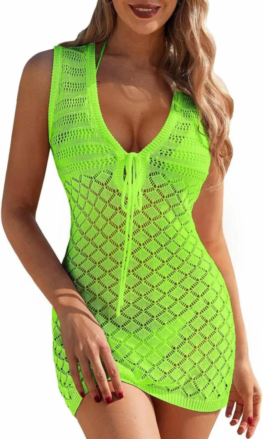 FAIRY SEASON Women's Crochet Swimsuit Cover Up - Sleeveless Beach Dress with Front Tie, Hollow Out Knit Design