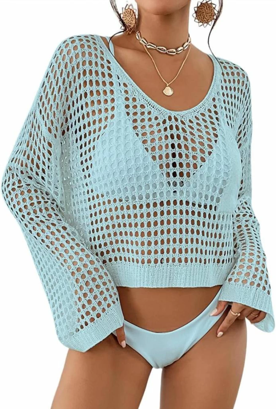 Bsubseach Women's Crochet Beach Cover Up Long Sleeve Hollow Out Swimwear Top for Summer