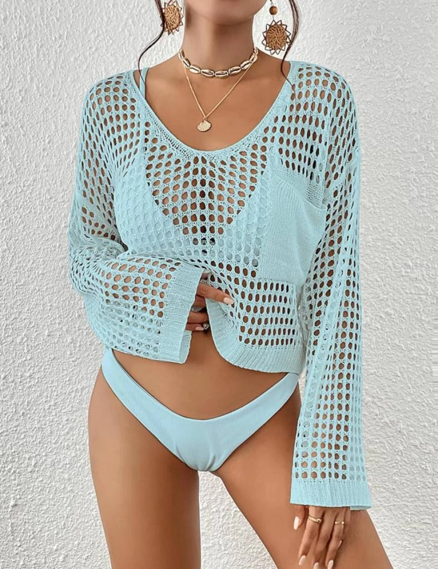 Bsubseach Women's Crochet Beach Cover Up Long Sleeve Hollow Out Swimwear Top for Summer