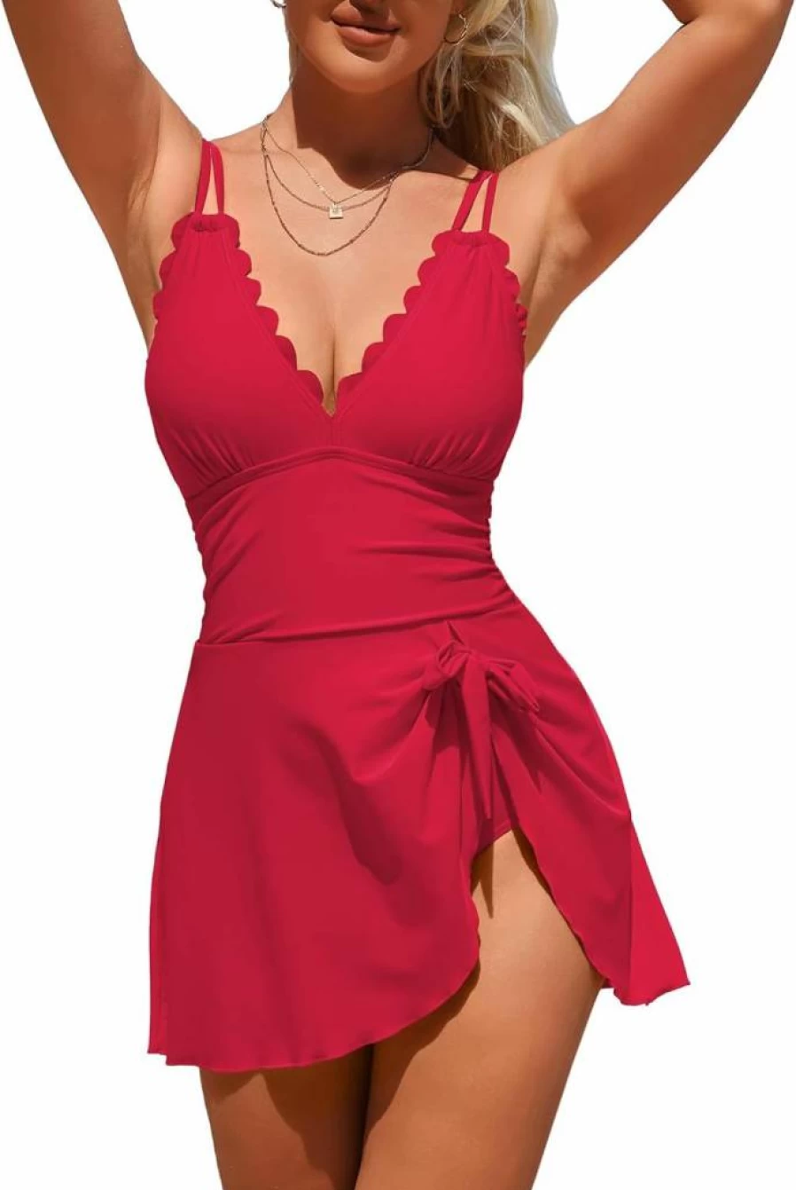 Charmo Women's Tummy Control Swimdress with Scalloped Edge & Tie Knot Skirt One Piece Bathing Suit