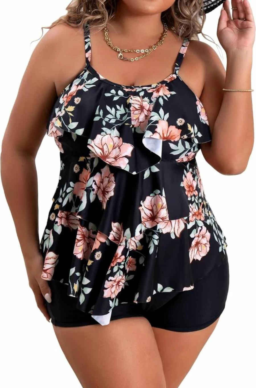 B2Prity Plus Size Tankini Swimsuits for Women - Tummy Control Two Piece Bathing Suit with Ruffled Flounce and Shorts