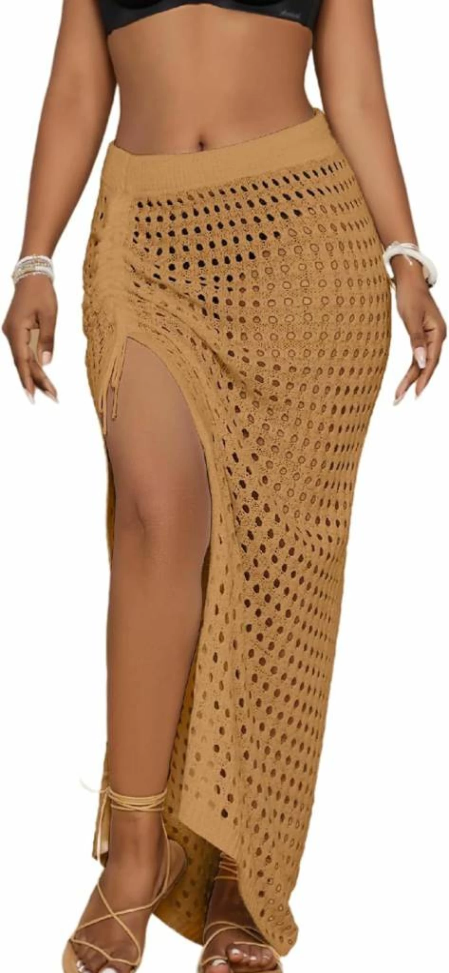 Bsubseach Women's Crochet Beach Cover Up Skirt - Knit Drawstring Long Swimwear Wrap with Elastic Waist for Summer 2025