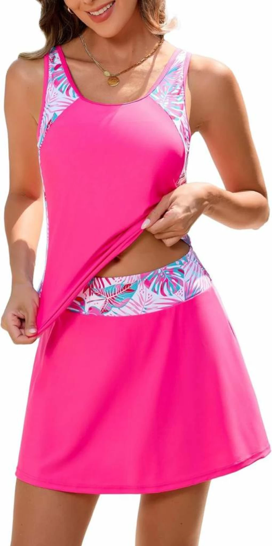 ANFILIA Women's Two-Piece Tankini Swimsuits - Printed High-Waist Swim Skirt & Tummy Control Tankini Top Bathing Suit
