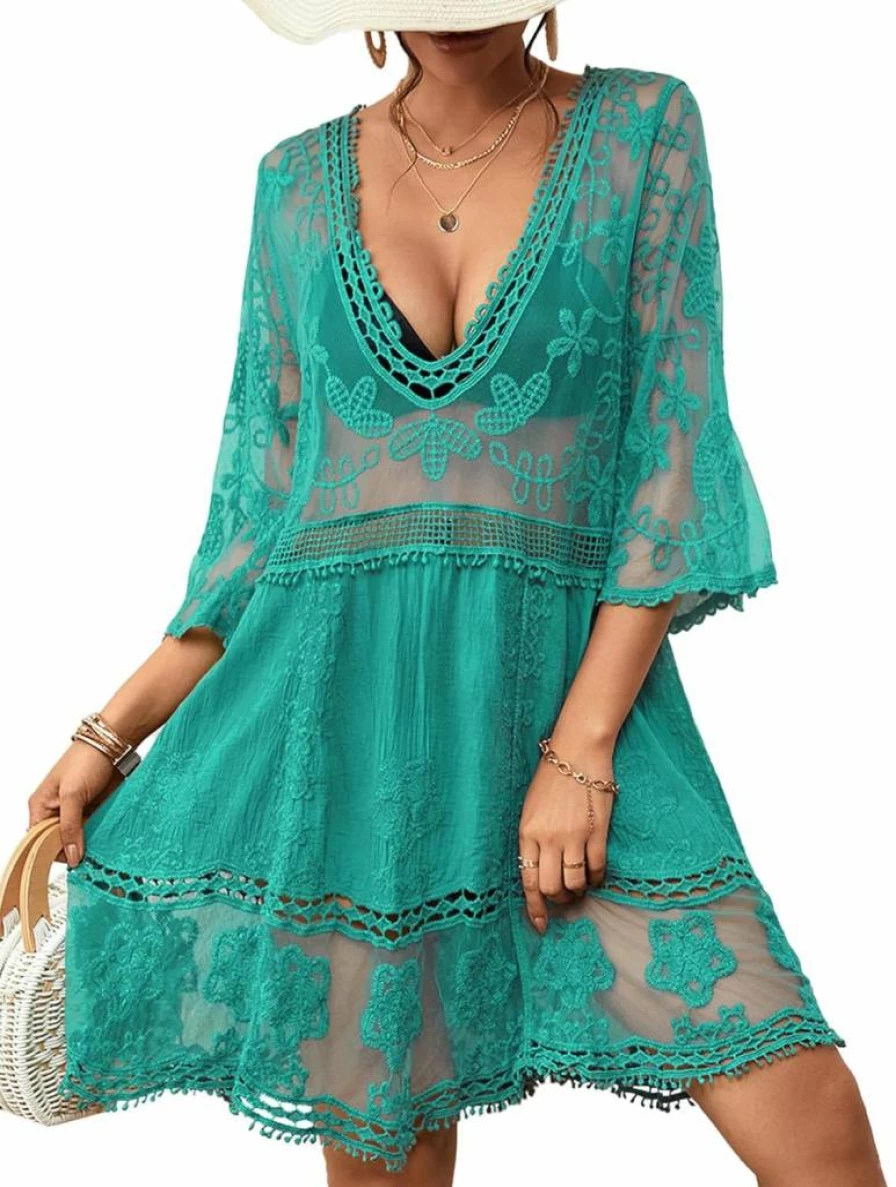 Bsubseach Women's Lace Beach Cover Up Dress - V-Neck Swimwear Coverup for Vacation & Poolside