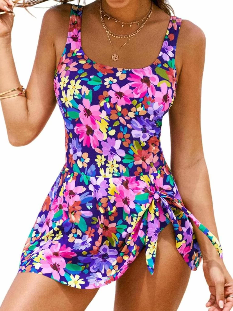 CUPSHE Women's Swimdress One Piece Swimsuit with Scoop Neck, Wide Straps, and Tie Knot Skirt