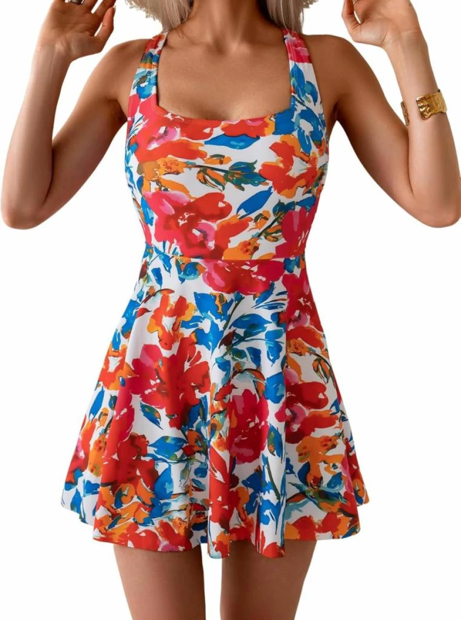 B2Prity Women's Modest Swim Dress Tummy Control Full Coverage Bathing Suit with Skirt One Piece Swimsuit