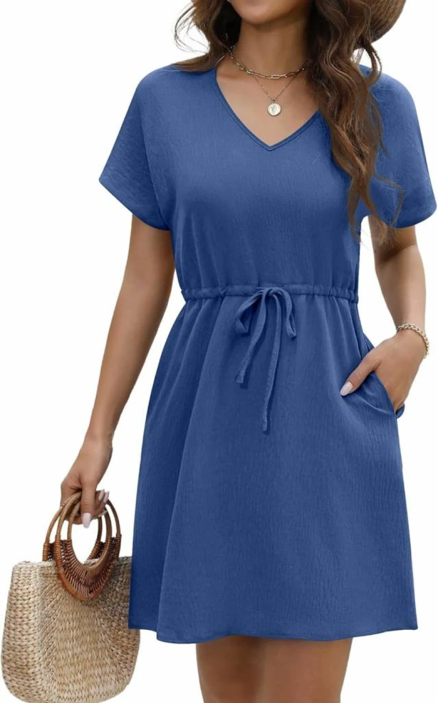 AI'MAGE Women's Beach Cover Up Dress Short Sleeve Swimsuit Bikini Cover with Pockets 2025 Summer Swimwear
