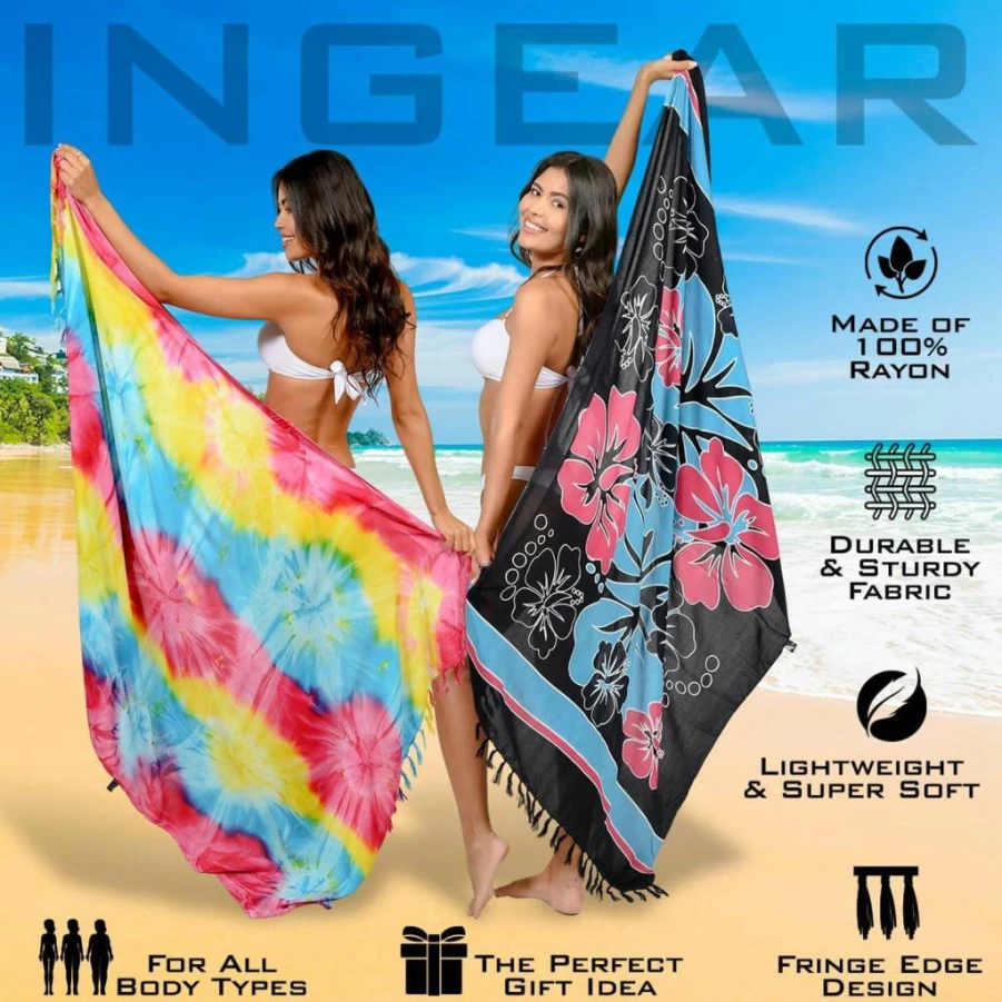 INGEAR Women's Long Sarong Beach Wrap - Stylish Bikini Cover Up, Swimsuit Cover, Pareo for Pool & Vacation