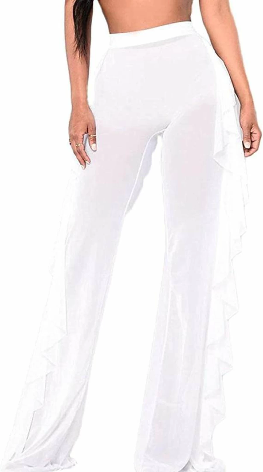 Springcmy Women's Sheer Mesh Beach Cover Up Pants - Ruffle Trim Wide Leg Bikini Bottom Swimsuit