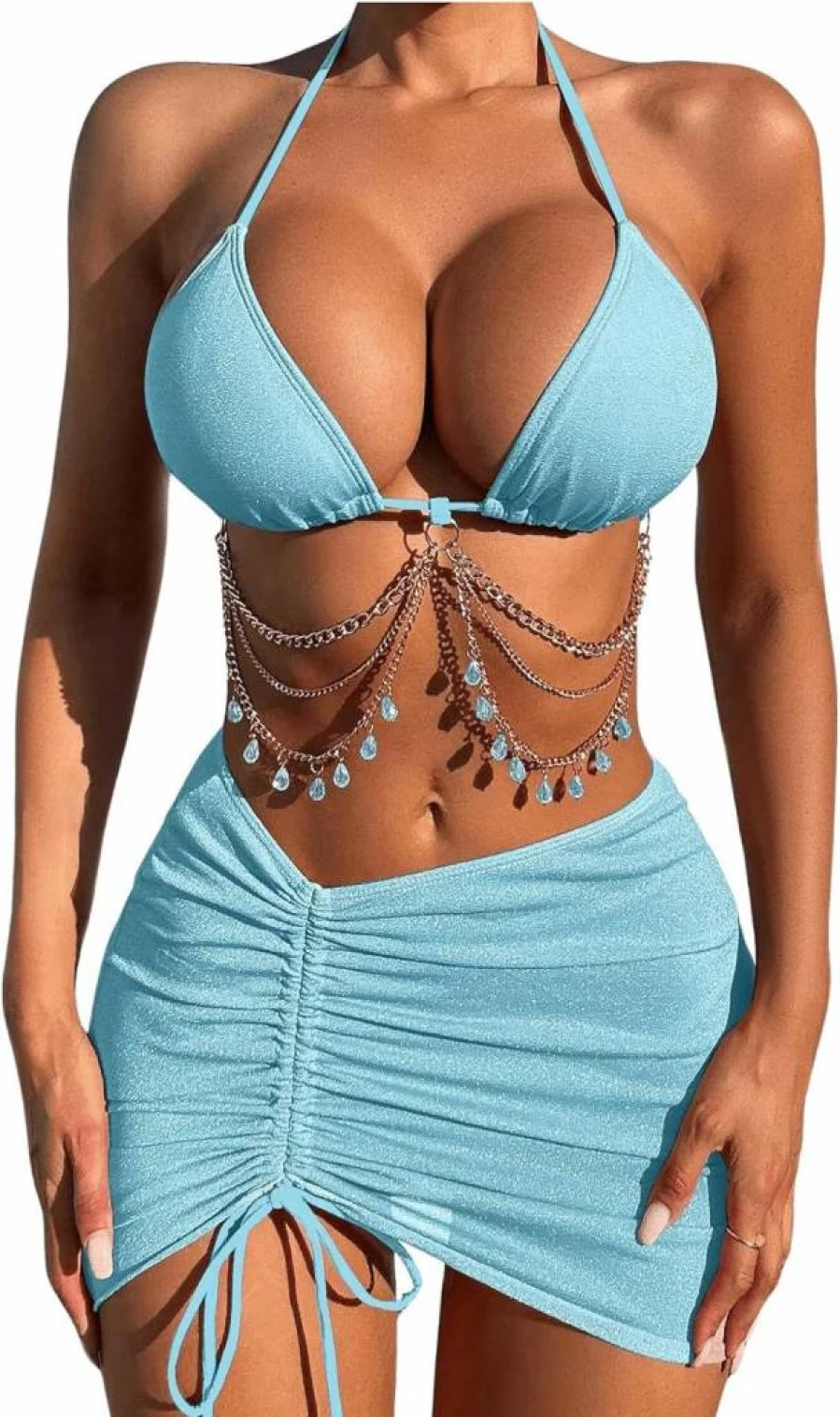 COZYEASE Women's Backless Halter Neck Bikini Set with Triangle Top & Beach Skirt - 3 Piece Swimsuit