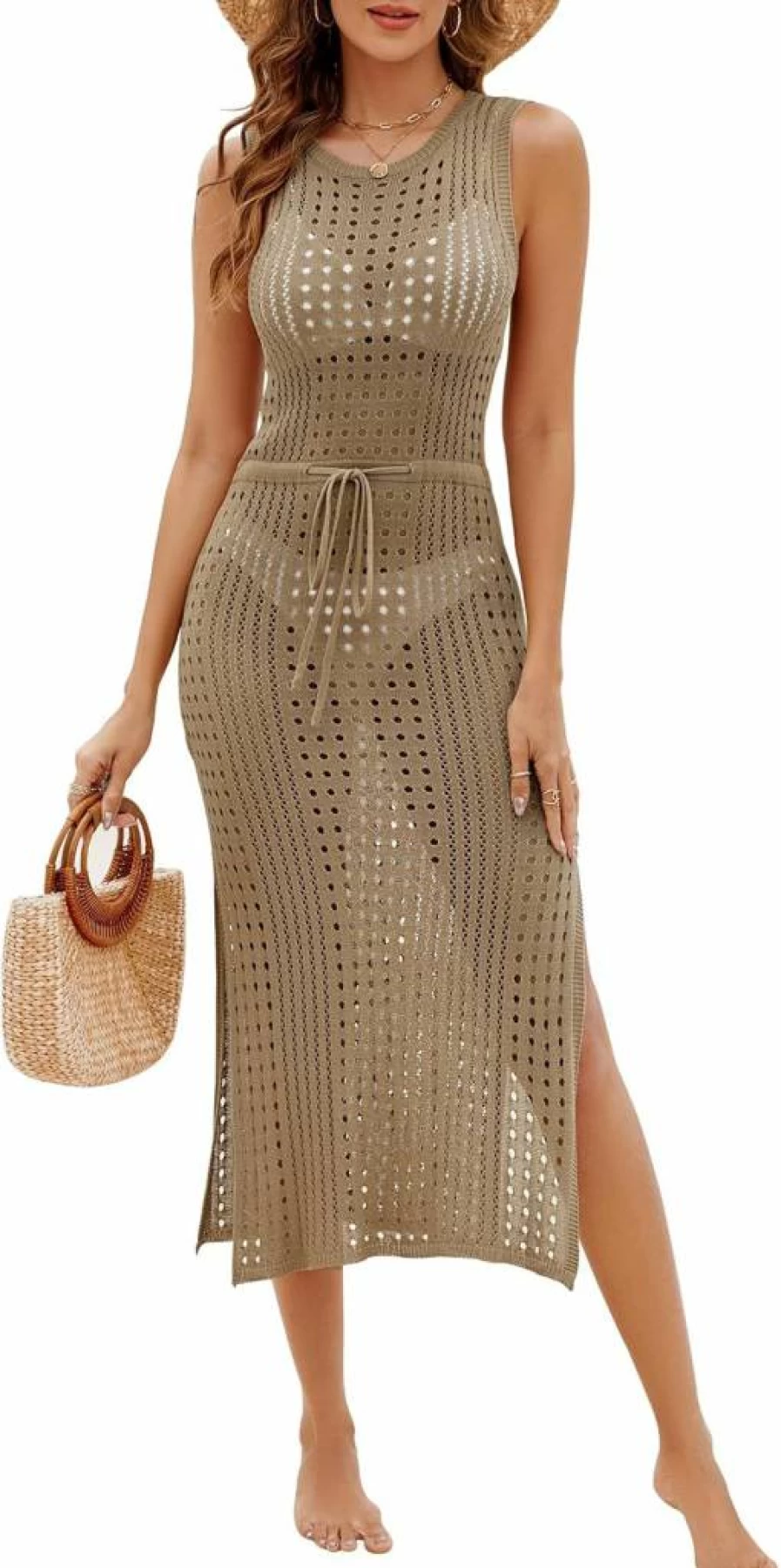 BMJL Women's Crochet Beach Cover Up Dress - Long Sleeveless Hollow Out Bikini Swimwear Wrap with Side Split for Pool & Summer