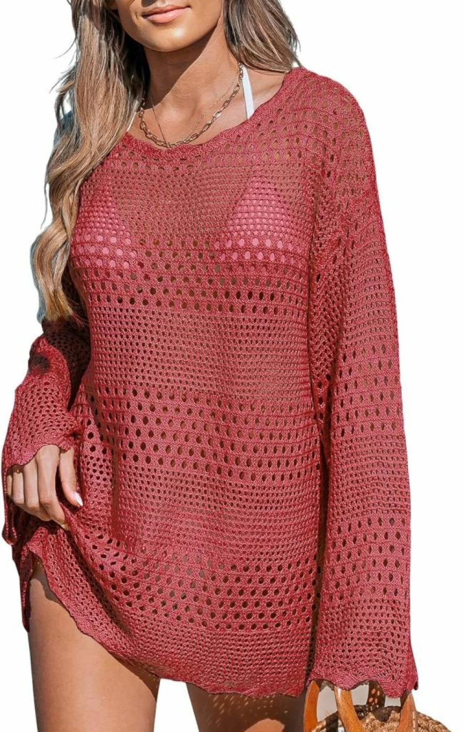 CUPSHE Women's Crochet Mesh Beach Cover Up Dress - Knit Swimwear Pullover for Bathing Suit